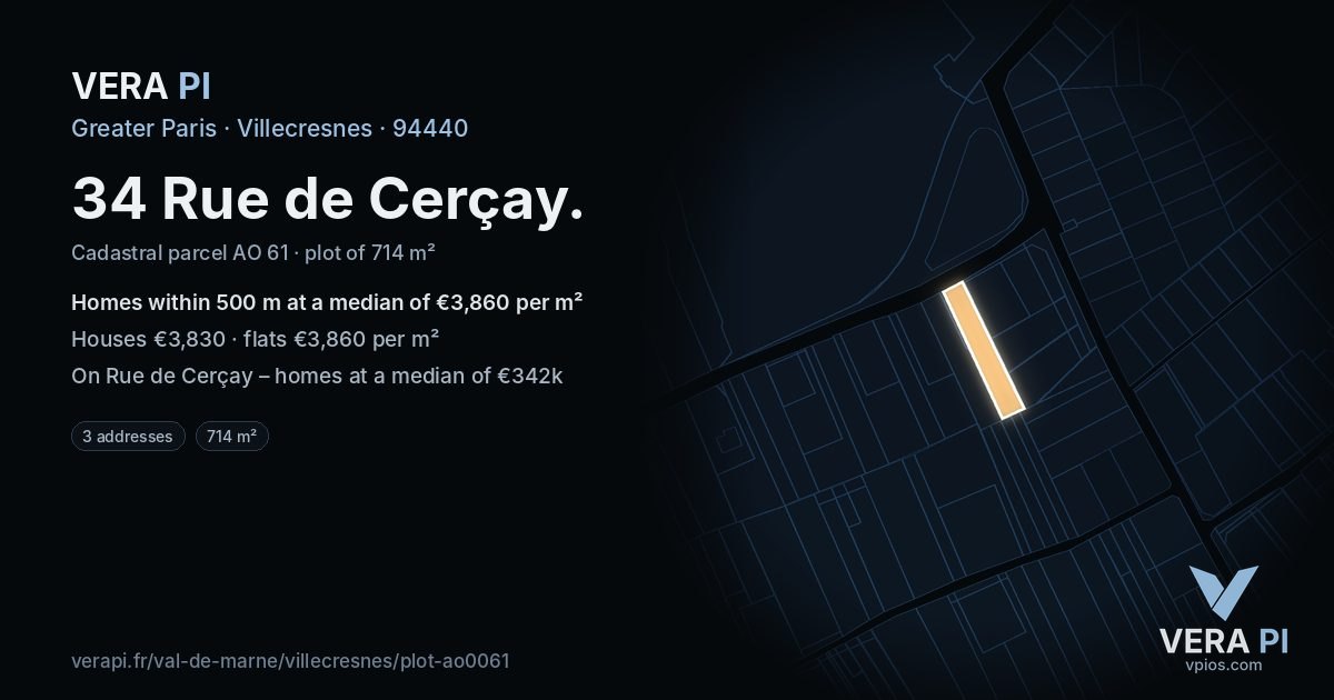 34 Rue de Cerçay, Villecresnes at night – the plot lit, the parcels around coloured by the prices near them