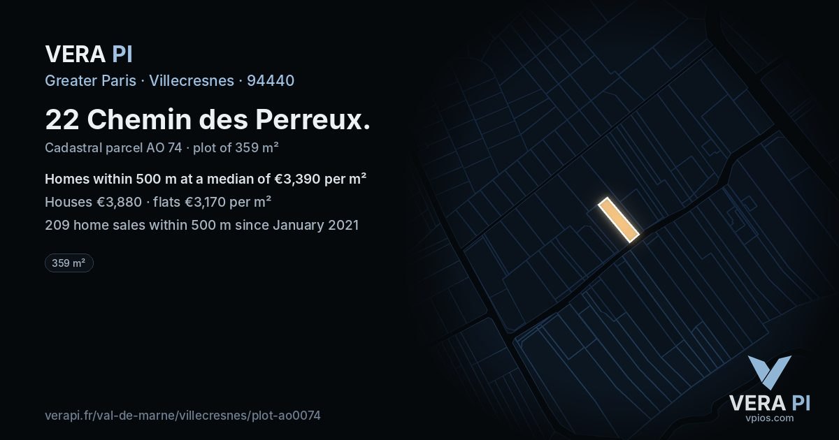 22 Chemin des Perreux, Villecresnes at night – the plot lit, the parcels around coloured by the prices near them