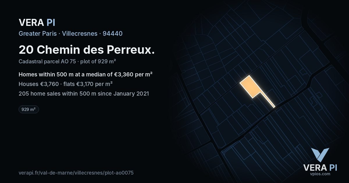 20 Chemin des Perreux, Villecresnes at night – the plot lit, the parcels around coloured by the prices near them