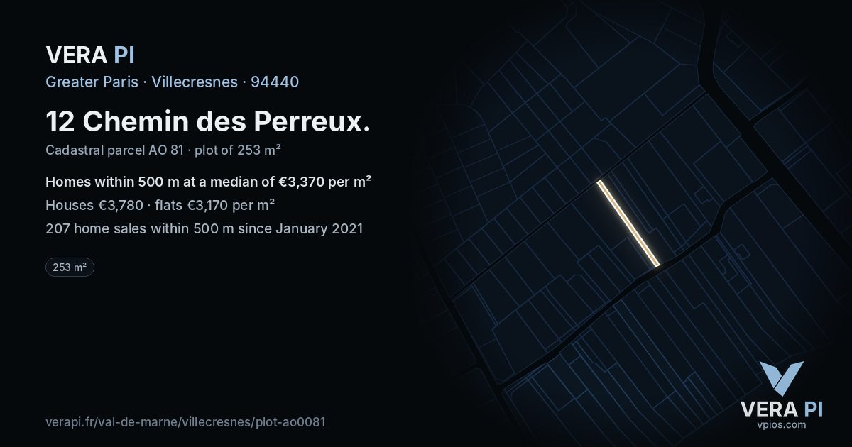12 Chemin des Perreux, Villecresnes at night – the plot lit, the parcels around coloured by the prices near them
