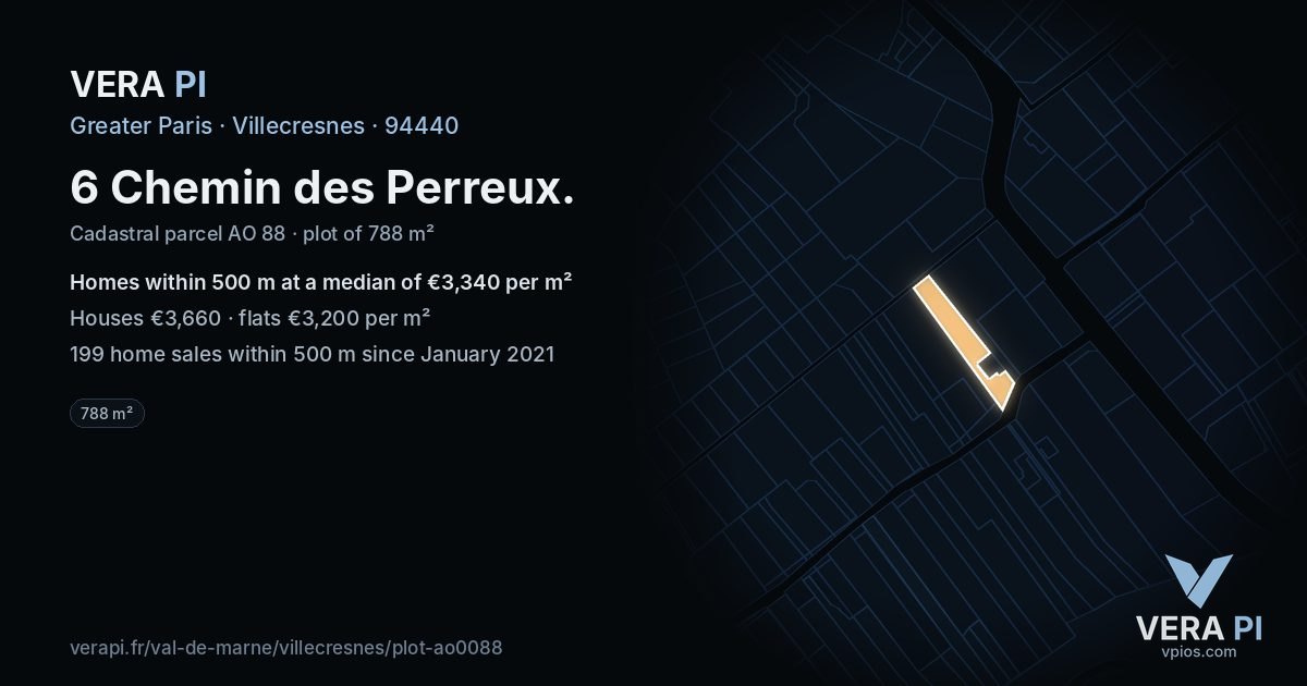 6 Chemin des Perreux, Villecresnes at night – the plot lit, the parcels around coloured by the prices near them