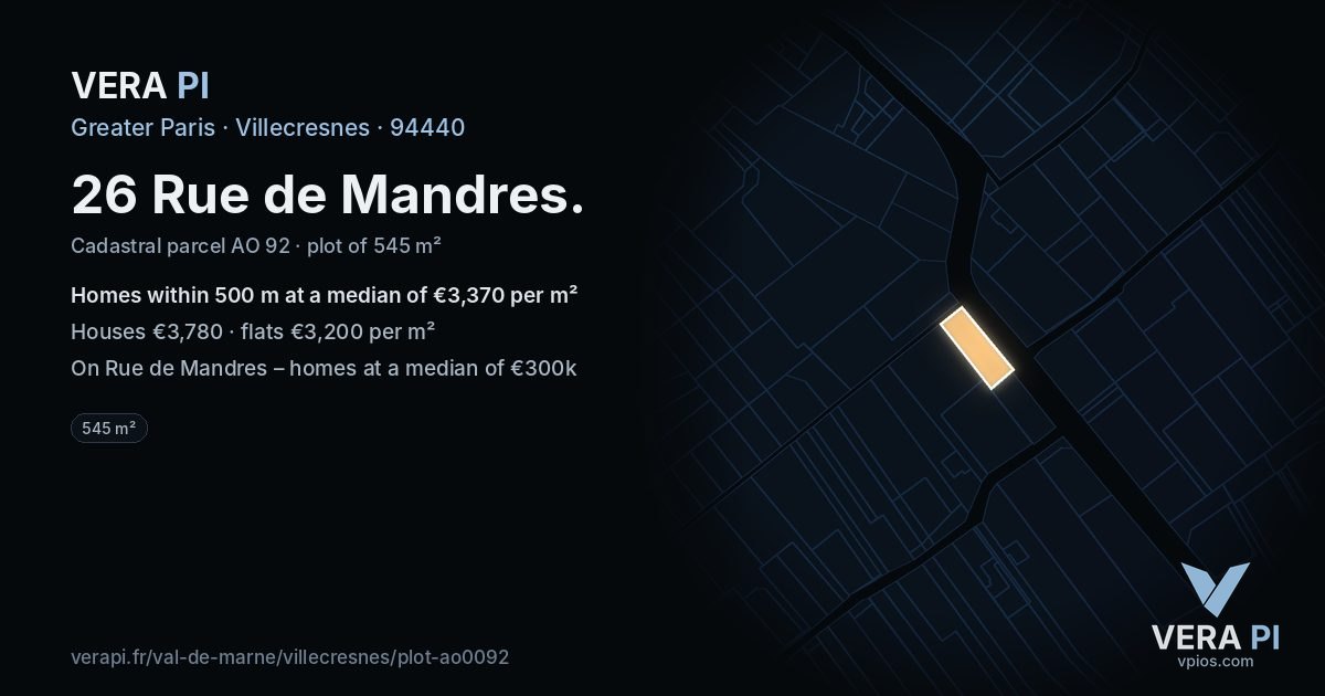 26 Rue de Mandres, Villecresnes at night – the plot lit, the parcels around coloured by the prices near them