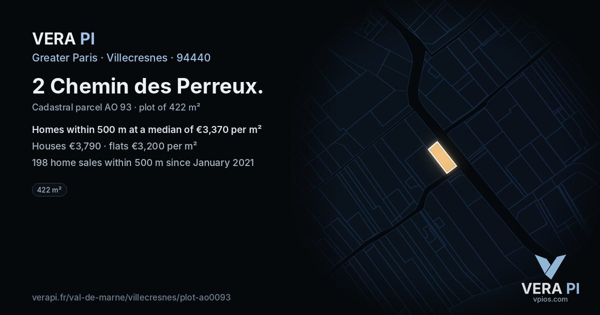 2 Chemin des Perreux, Villecresnes at night – the plot lit, the parcels around coloured by the prices near them