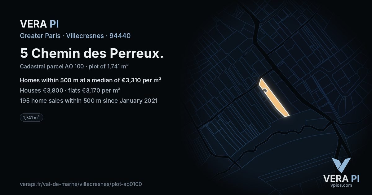 5 Chemin des Perreux, Villecresnes at night – the plot lit, the parcels around coloured by the prices near them