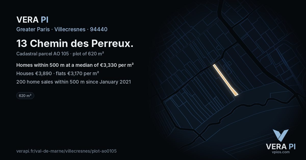 13 Chemin des Perreux, Villecresnes at night – the plot lit, the parcels around coloured by the prices near them