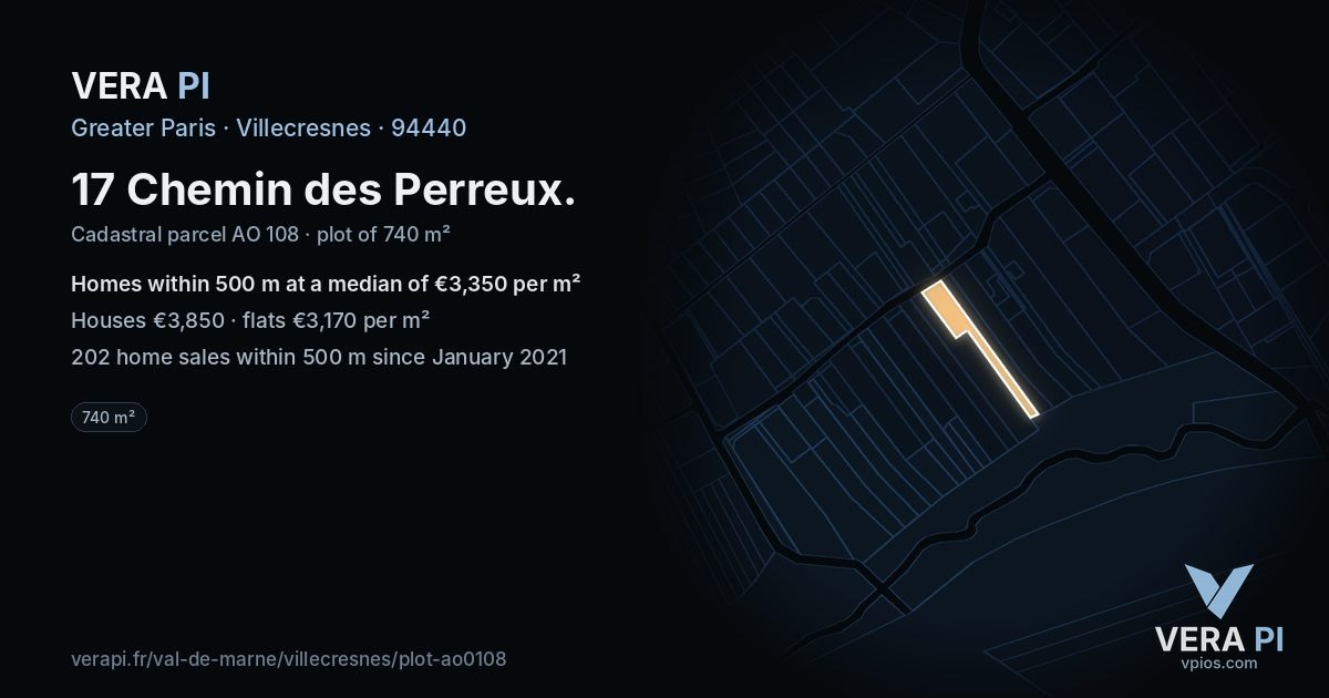 17 Chemin des Perreux, Villecresnes at night – the plot lit, the parcels around coloured by the prices near them