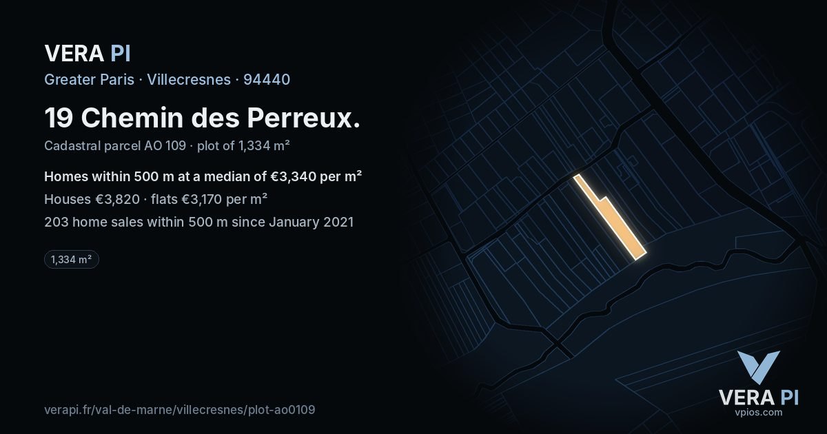 19 Chemin des Perreux, Villecresnes at night – the plot lit, the parcels around coloured by the prices near them