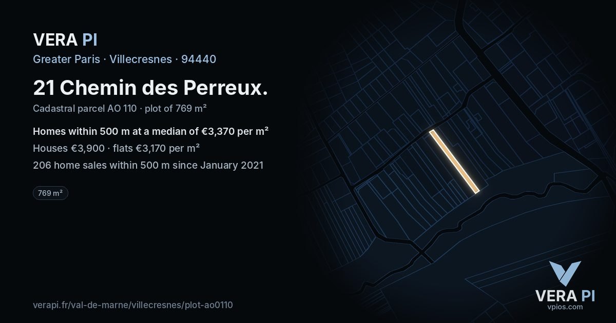 21 Chemin des Perreux, Villecresnes at night – the plot lit, the parcels around coloured by the prices near them