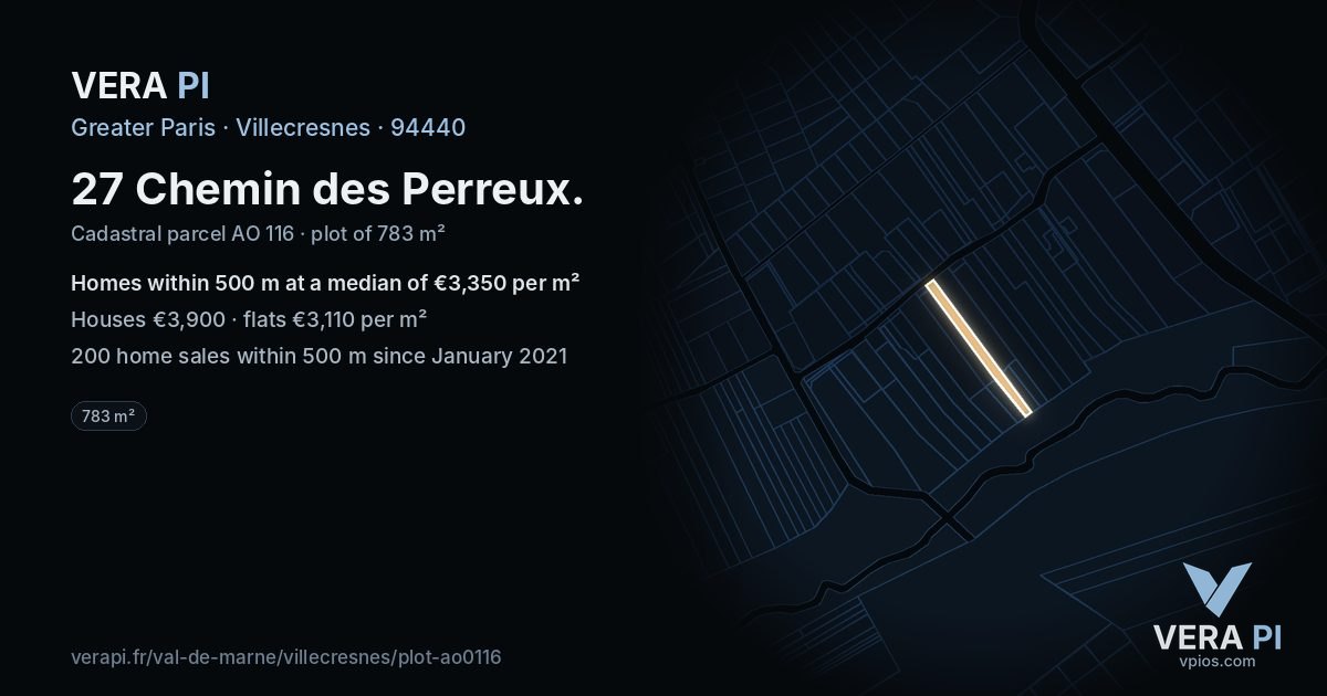 27 Chemin des Perreux, Villecresnes at night – the plot lit, the parcels around coloured by the prices near them
