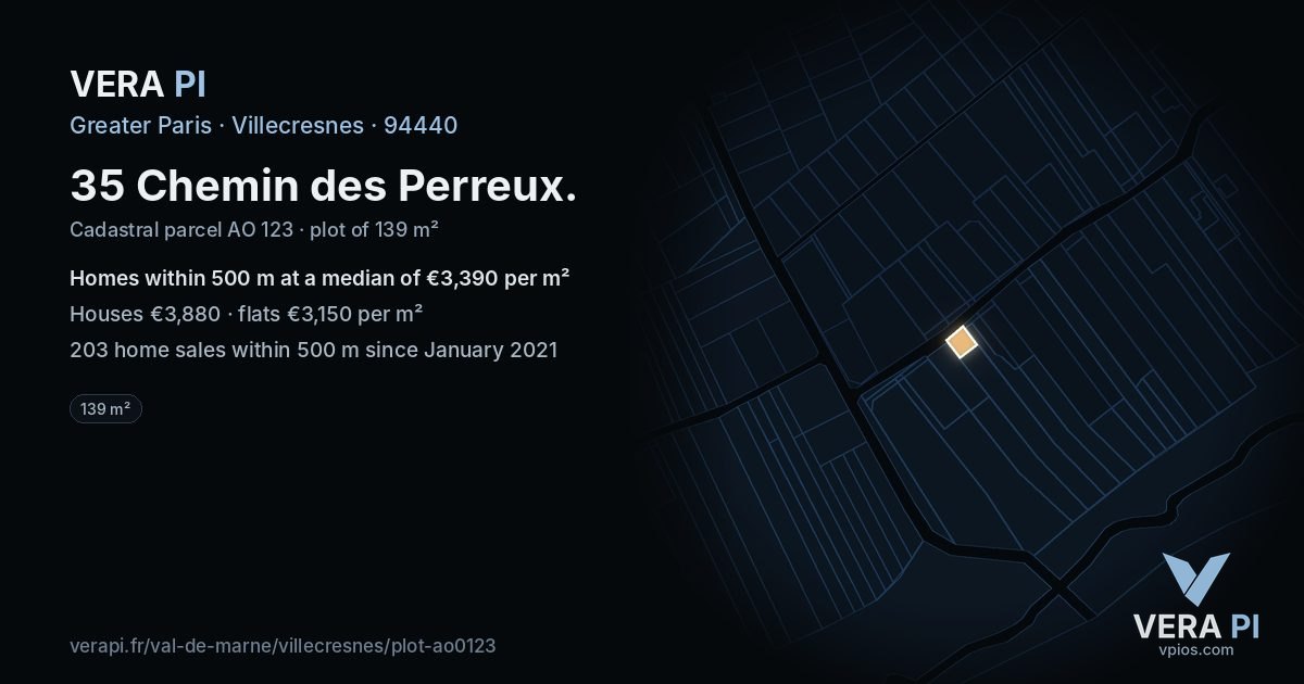 35 Chemin des Perreux, Villecresnes at night – the plot lit, the parcels around coloured by the prices near them