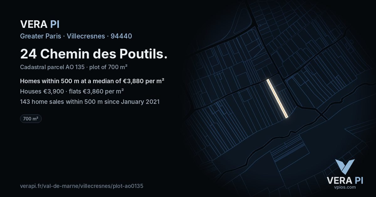 24 Chemin des Poutils, Villecresnes at night – the plot lit, the parcels around coloured by the prices near them
