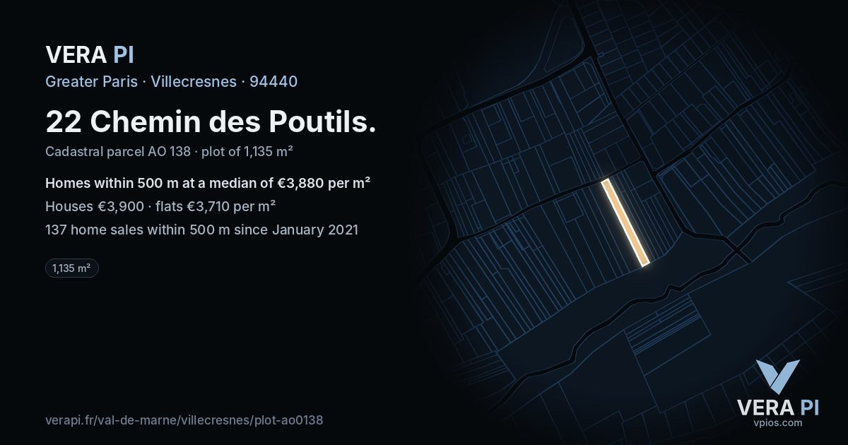 22 Chemin des Poutils, Villecresnes at night – the plot lit, the parcels around coloured by the prices near them