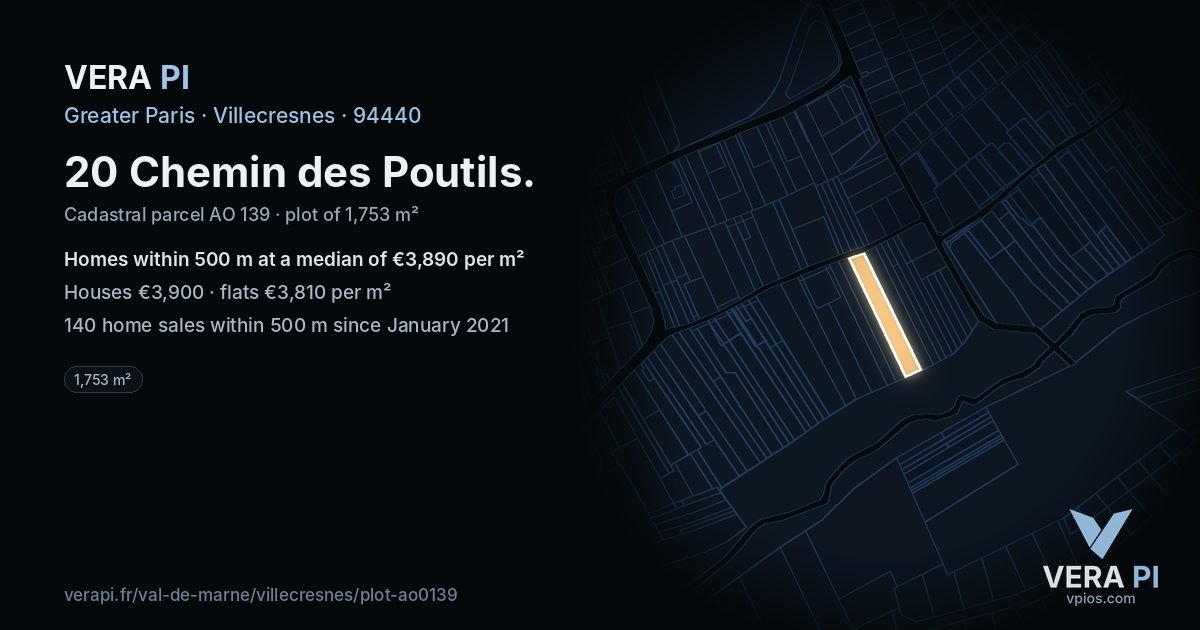 20 Chemin des Poutils, Villecresnes at night – the plot lit, the parcels around coloured by the prices near them