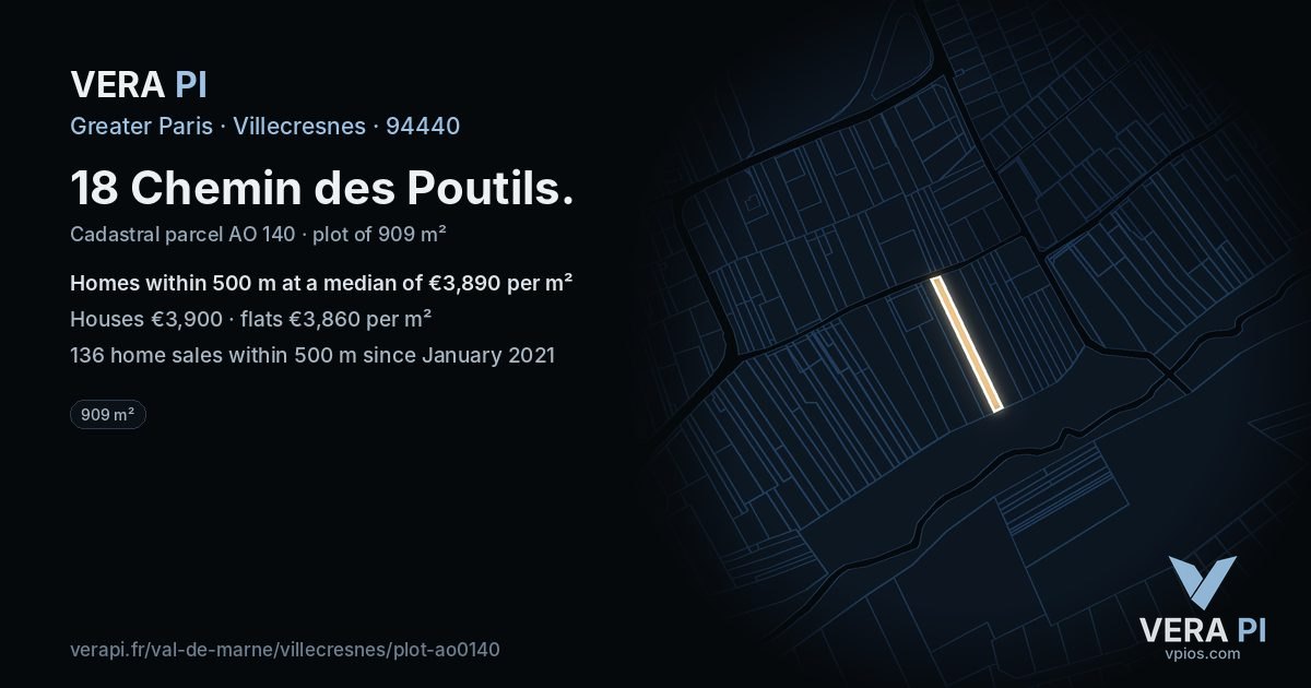 18 Chemin des Poutils, Villecresnes at night – the plot lit, the parcels around coloured by the prices near them