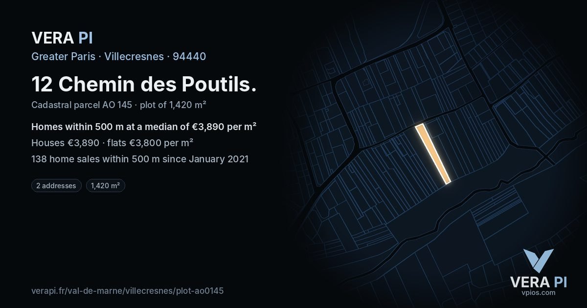12 Chemin des Poutils, Villecresnes at night – the plot lit, the parcels around coloured by the prices near them