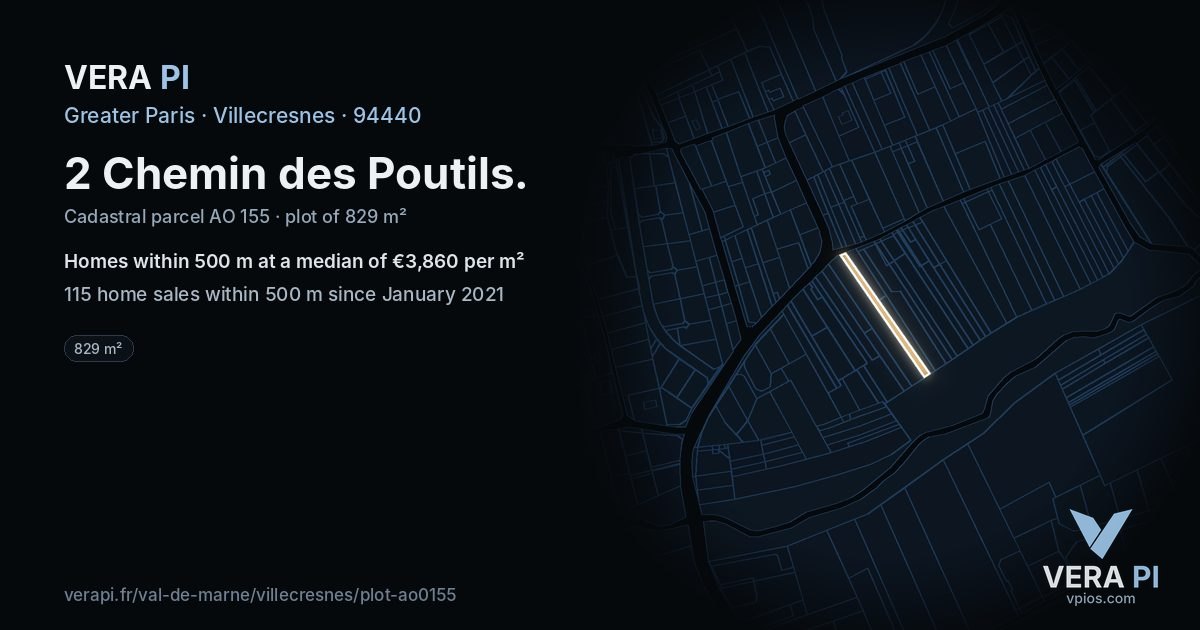 2 Chemin des Poutils, Villecresnes at night – the plot lit, the parcels around coloured by the prices near them