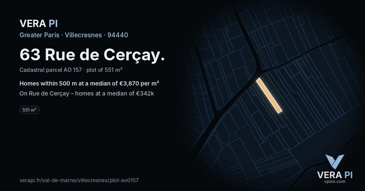 63 Rue de Cerçay, Villecresnes at night – the plot lit, the parcels around coloured by the prices near them
