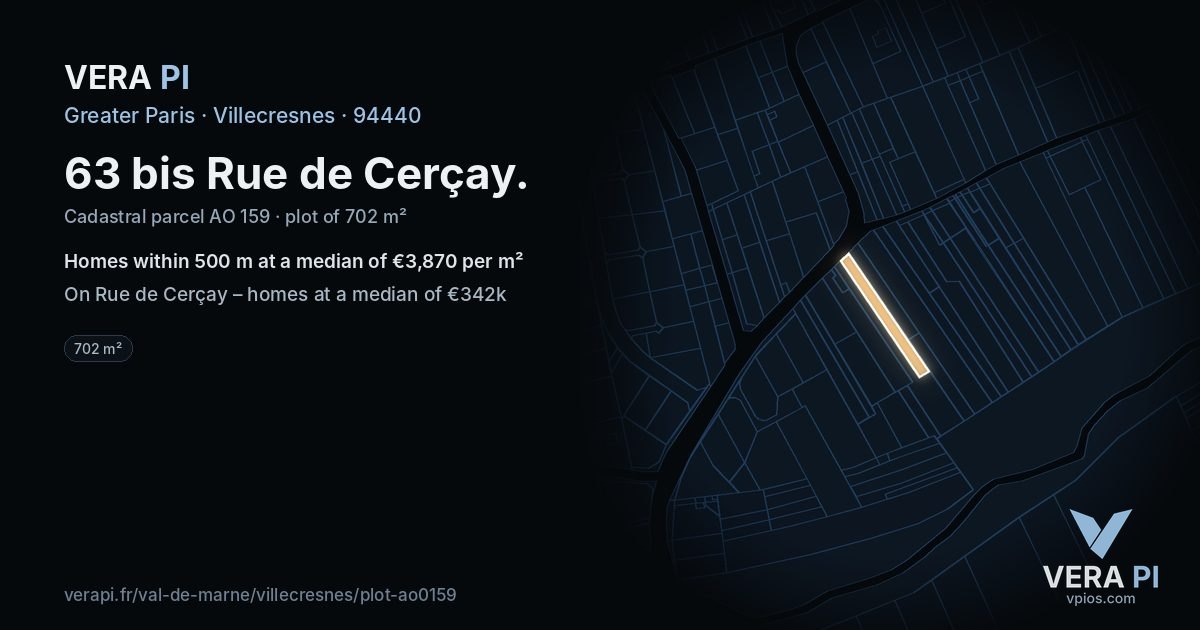 63 bis Rue de Cerçay, Villecresnes at night – the plot lit, the parcels around coloured by the prices near them
