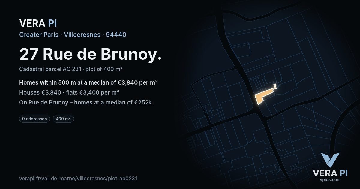 27 Rue de Brunoy, Villecresnes at night – the plot lit, the parcels around coloured by the prices near them
