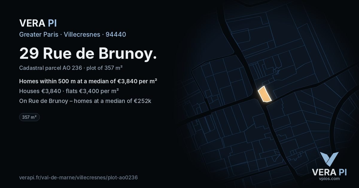 29 Rue de Brunoy, Villecresnes at night – the plot lit, the parcels around coloured by the prices near them