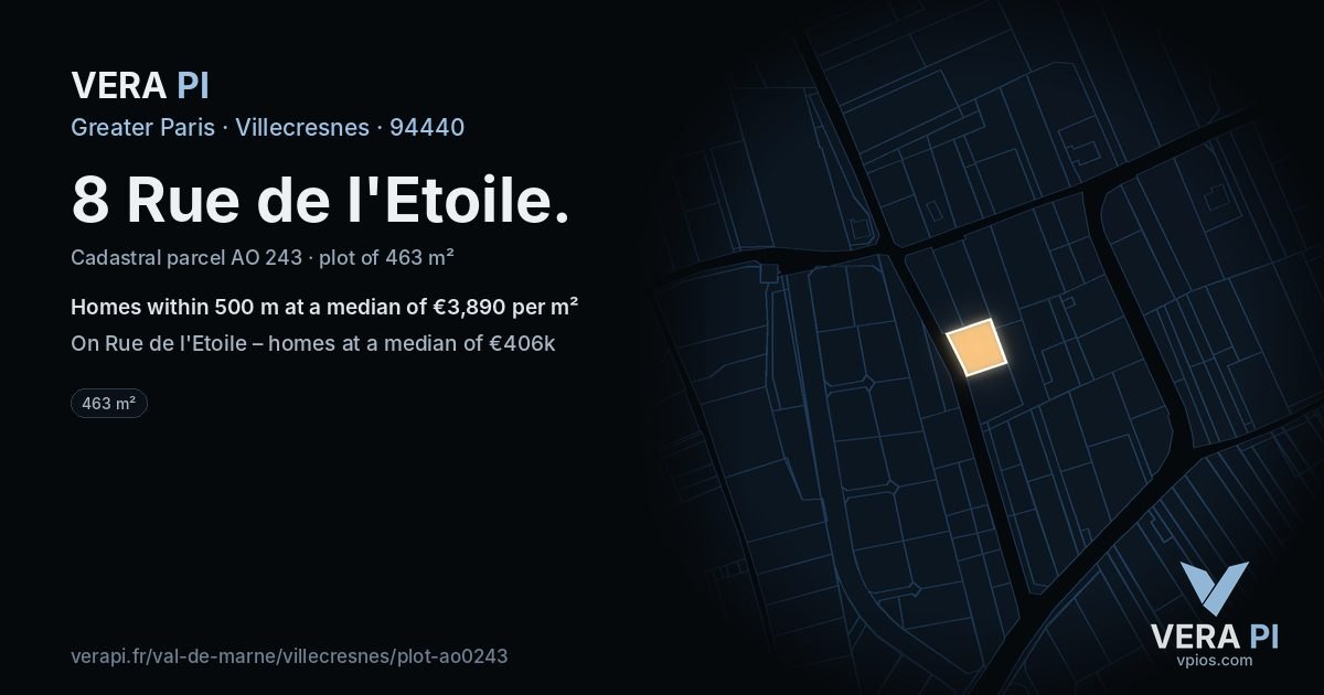 8 Rue de l'Etoile, Villecresnes at night – the plot lit, the parcels around coloured by the prices near them