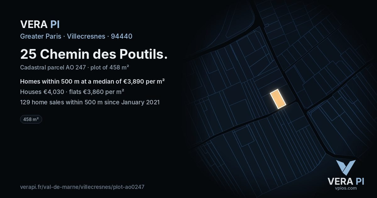 25 Chemin des Poutils, Villecresnes at night – the plot lit, the parcels around coloured by the prices near them