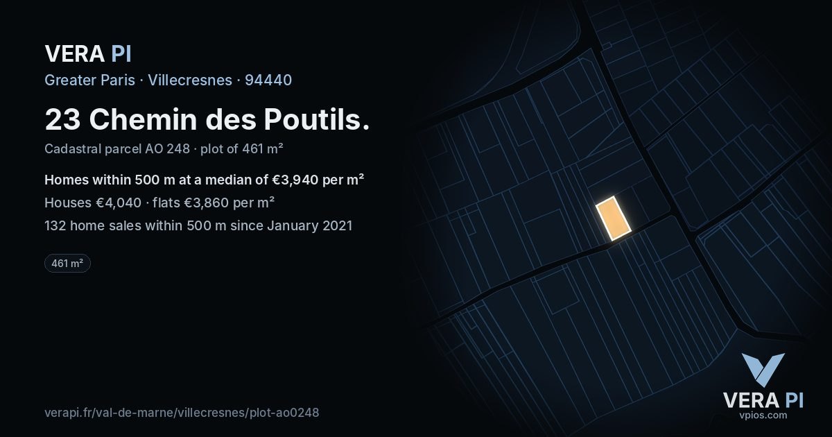 23 Chemin des Poutils, Villecresnes at night – the plot lit, the parcels around coloured by the prices near them