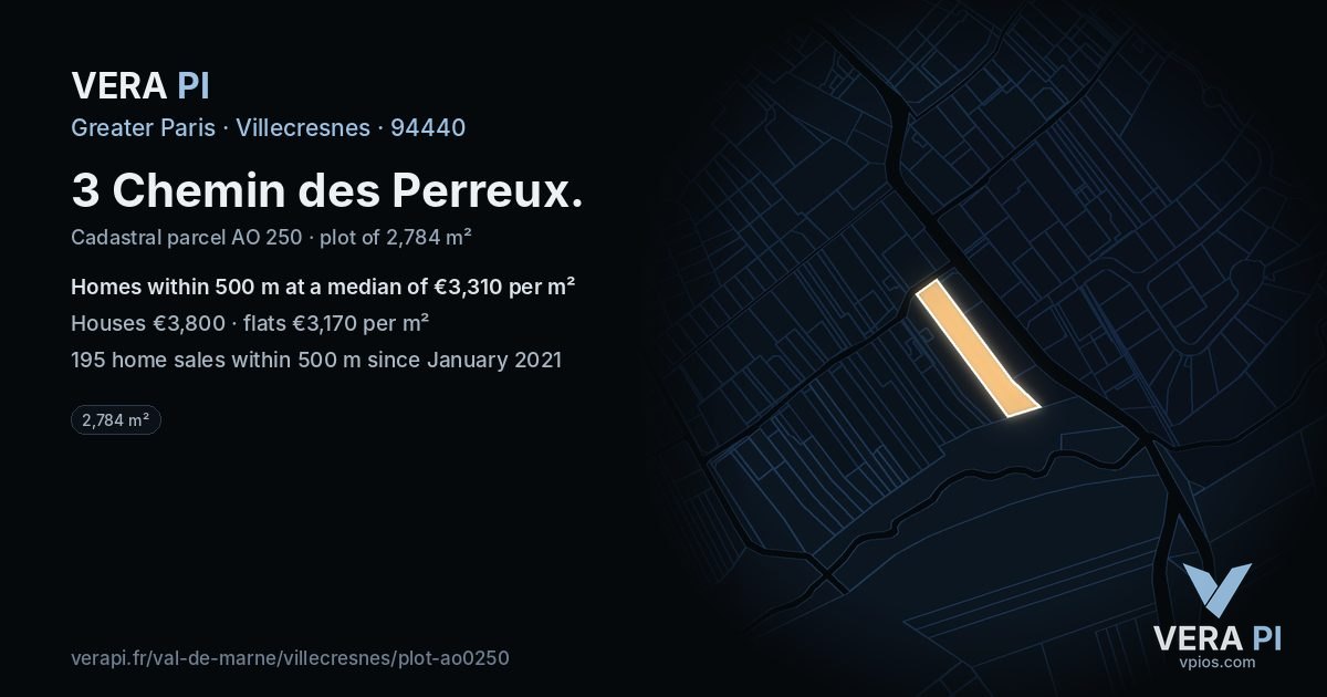 3 Chemin des Perreux, Villecresnes at night – the plot lit, the parcels around coloured by the prices near them