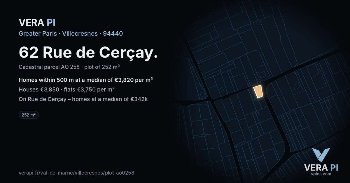 62 Rue de Cerçay, Villecresnes at night – the plot lit, the parcels around coloured by the prices near them