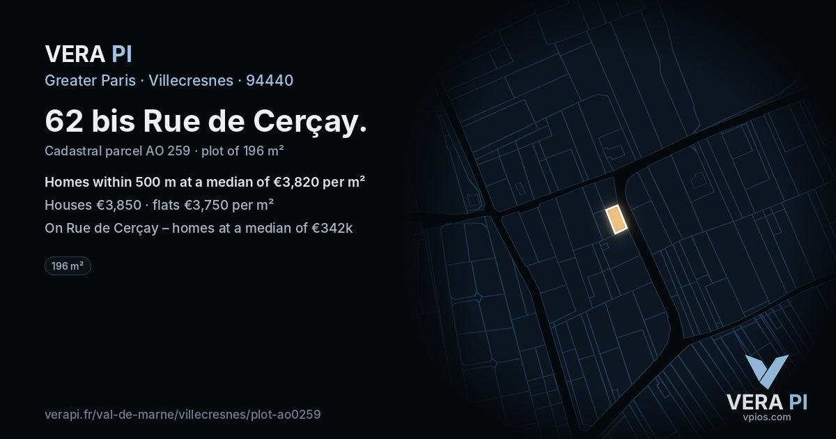 62 bis Rue de Cerçay, Villecresnes at night – the plot lit, the parcels around coloured by the prices near them