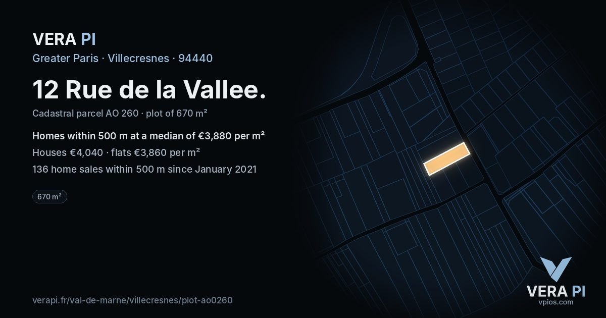 12 Rue de la Vallee, Villecresnes at night – the plot lit, the parcels around coloured by the prices near them