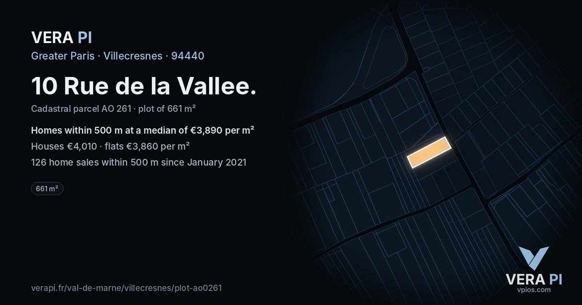 10 Rue de la Vallee, Villecresnes at night – the plot lit, the parcels around coloured by the prices near them