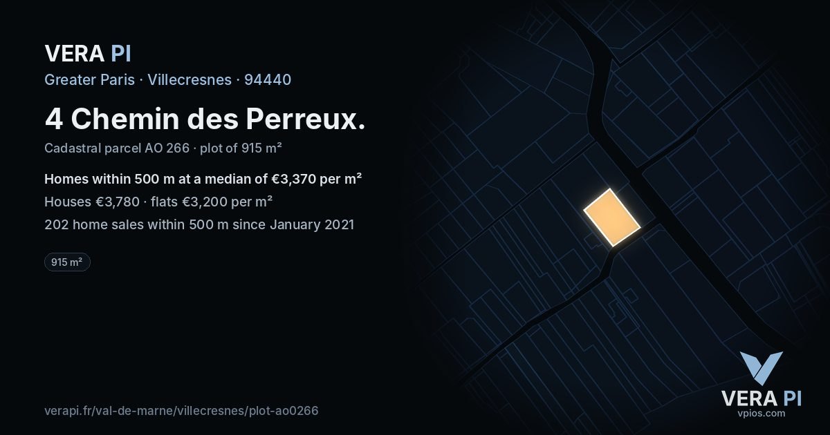 4 Chemin des Perreux, Villecresnes at night – the plot lit, the parcels around coloured by the prices near them