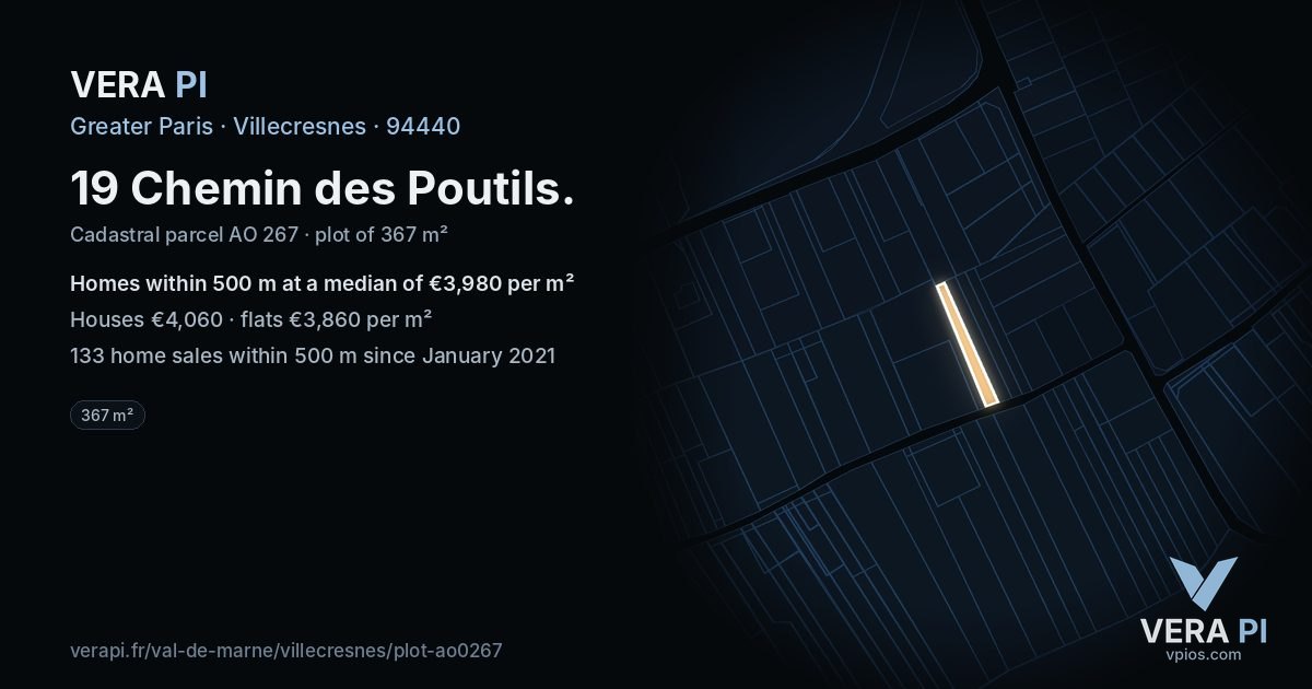 19 Chemin des Poutils, Villecresnes at night – the plot lit, the parcels around coloured by the prices near them