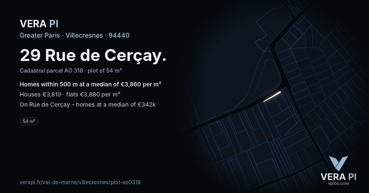 29 Rue de Cerçay, Villecresnes at night – the plot lit, the parcels around coloured by the prices near them