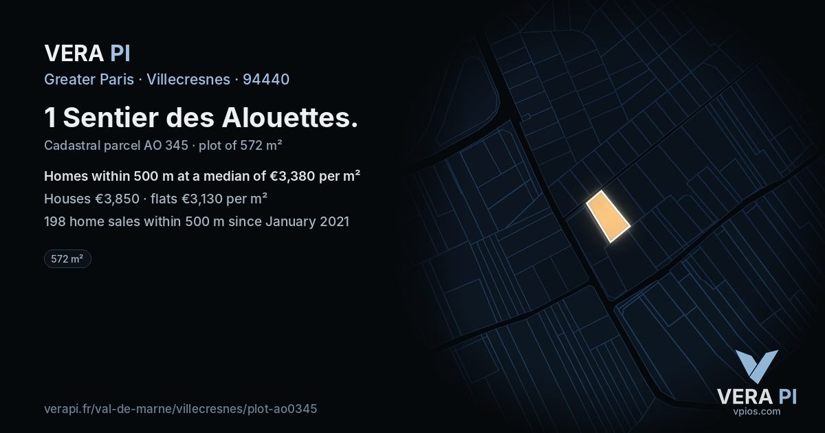 1 Sentier des Alouettes, Villecresnes at night – the plot lit, the parcels around coloured by the prices near them