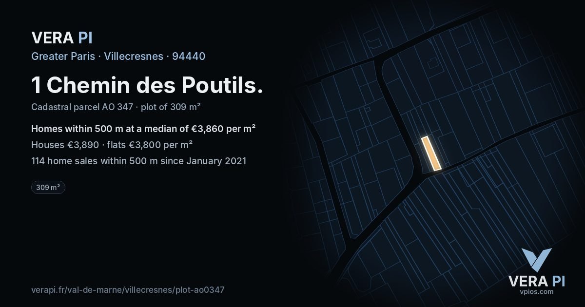 1 Chemin des Poutils, Villecresnes at night – the plot lit, the parcels around coloured by the prices near them