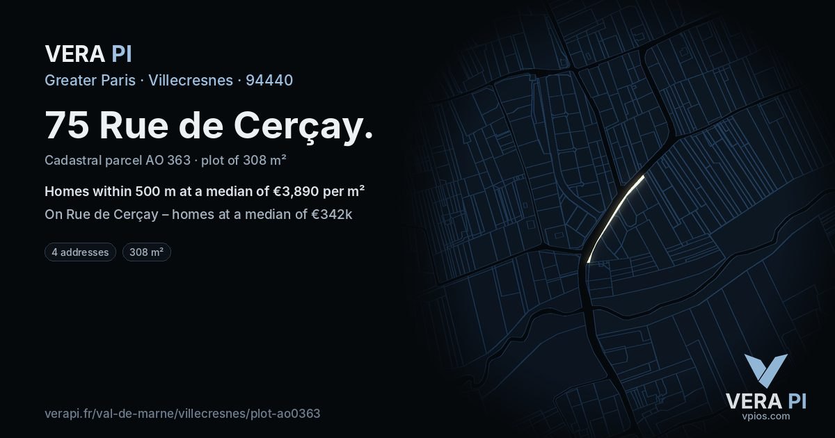 75 Rue de Cerçay, Villecresnes at night – the plot lit, the parcels around coloured by the prices near them