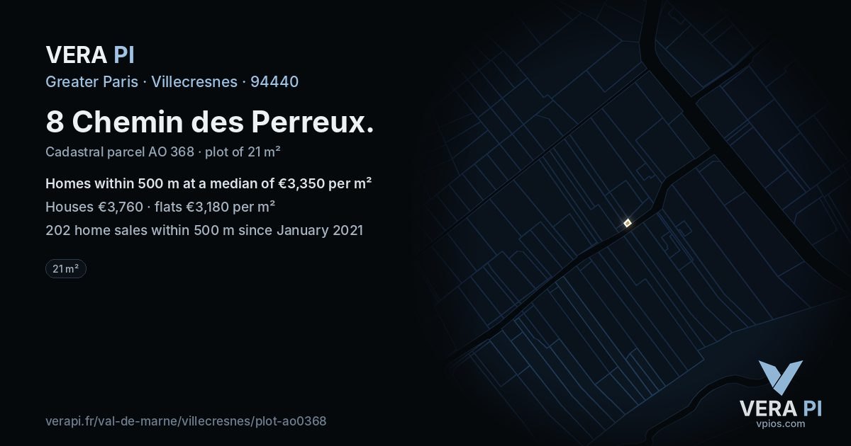8 Chemin des Perreux, Villecresnes at night – the plot lit, the parcels around coloured by the prices near them
