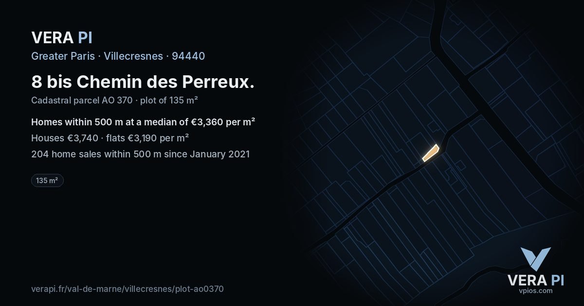 8 bis Chemin des Perreux, Villecresnes at night – the plot lit, the parcels around coloured by the prices near them