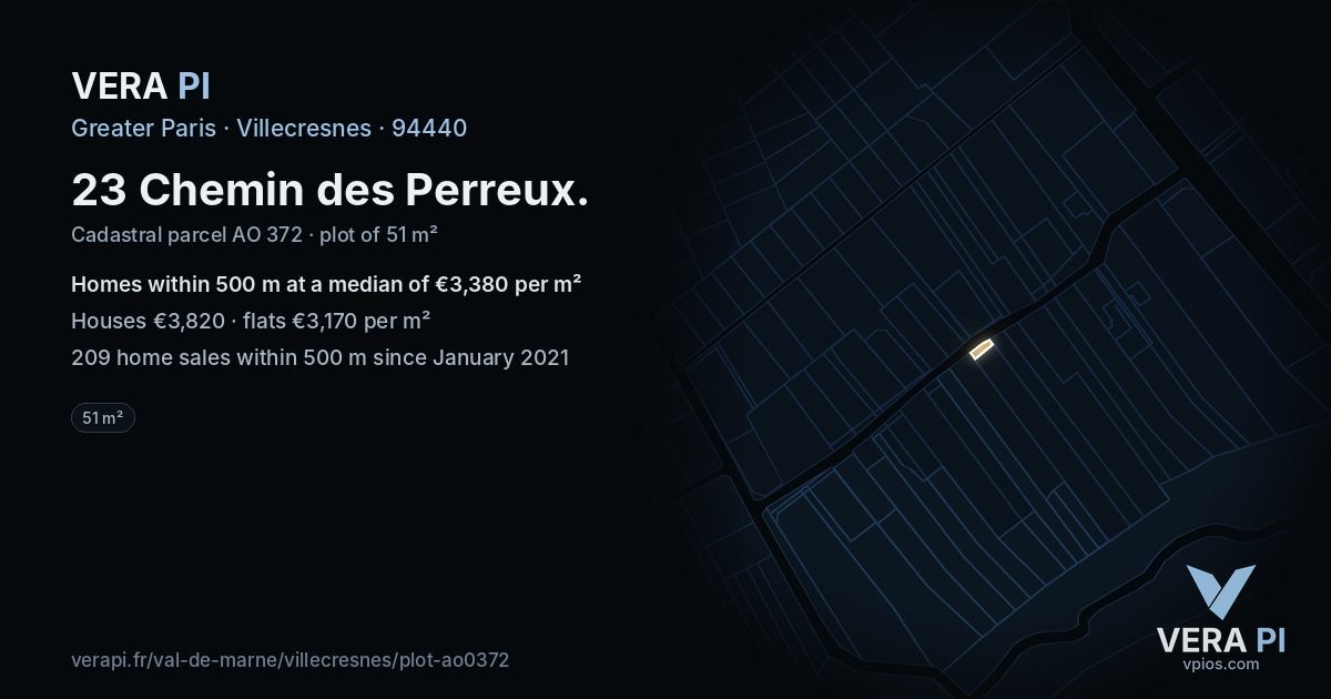 23 Chemin des Perreux, Villecresnes at night – the plot lit, the parcels around coloured by the prices near them