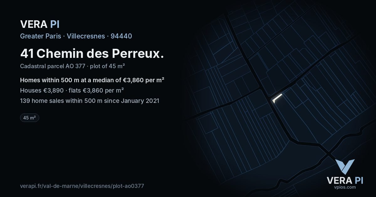 41 Chemin des Perreux, Villecresnes at night – the plot lit, the parcels around coloured by the prices near them