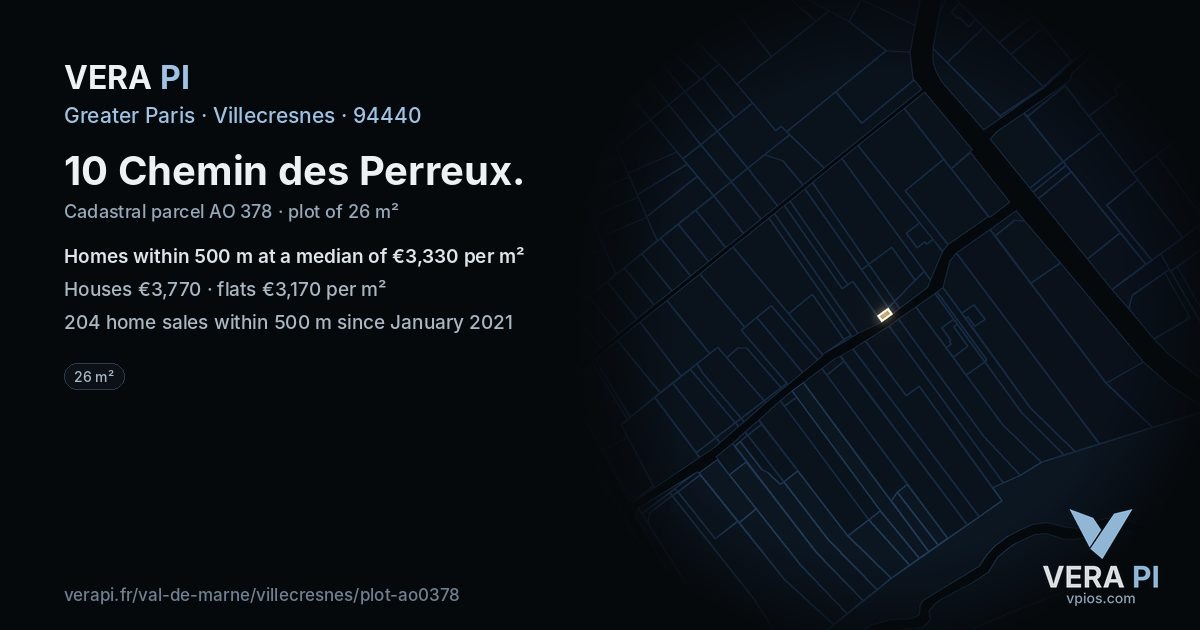 10 Chemin des Perreux, Villecresnes at night – the plot lit, the parcels around coloured by the prices near them