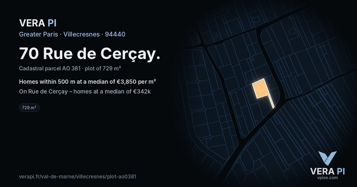 70 Rue de Cerçay, Villecresnes at night – the plot lit, the parcels around coloured by the prices near them