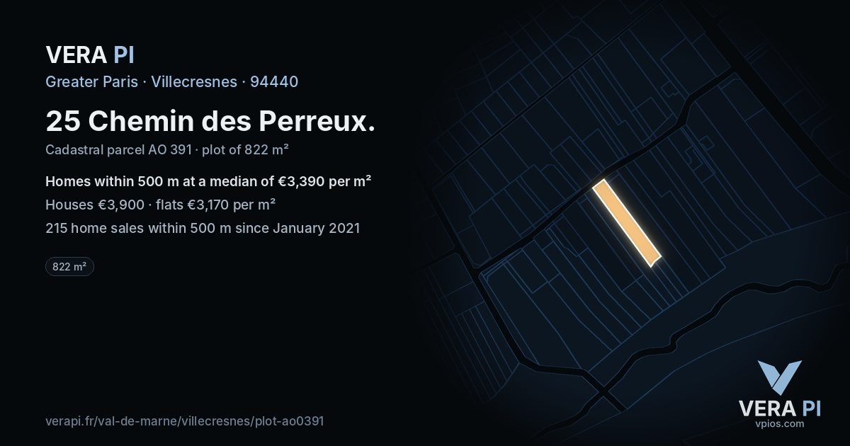25 Chemin des Perreux, Villecresnes at night – the plot lit, the parcels around coloured by the prices near them