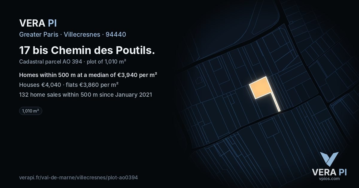 17 bis Chemin des Poutils, Villecresnes at night – the plot lit, the parcels around coloured by the prices near them