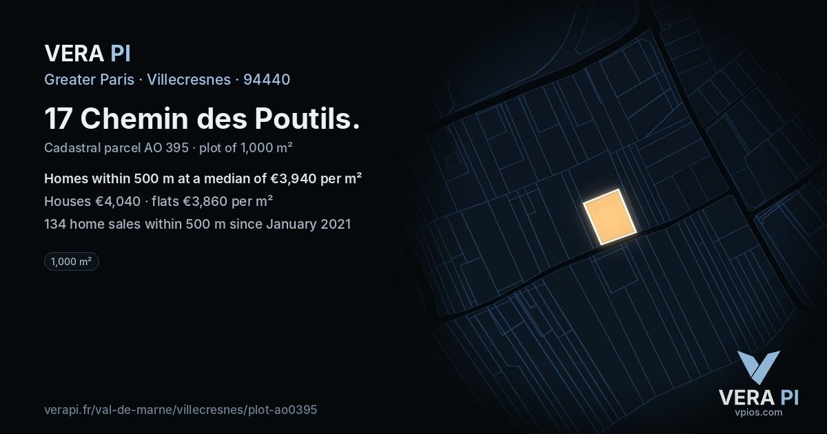 17 Chemin des Poutils, Villecresnes at night – the plot lit, the parcels around coloured by the prices near them