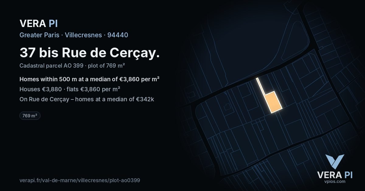 37 bis Rue de Cerçay, Villecresnes at night – the plot lit, the parcels around coloured by the prices near them