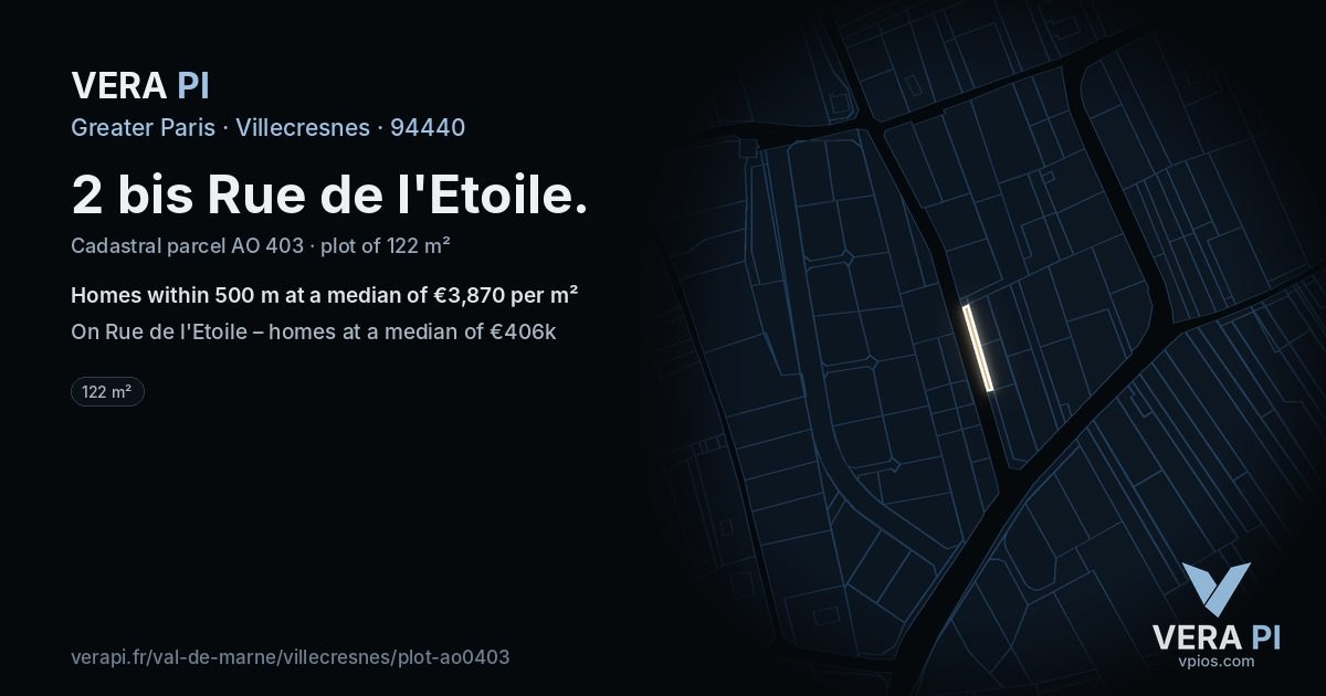 2 bis Rue de l'Etoile, Villecresnes at night – the plot lit, the parcels around coloured by the prices near them