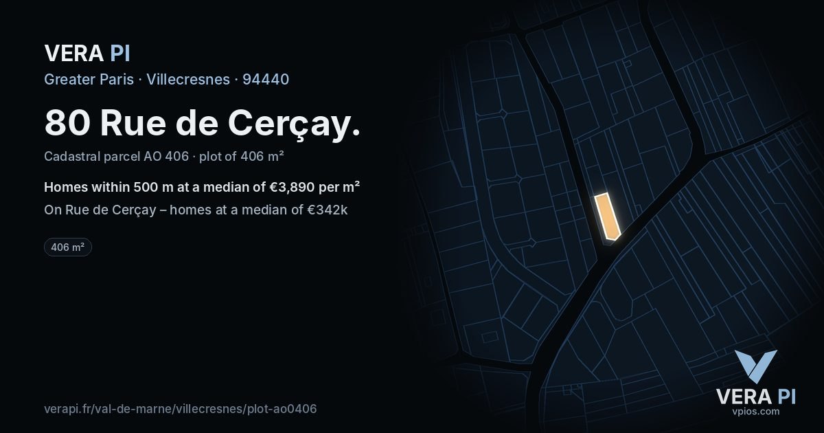 80 Rue de Cerçay, Villecresnes at night – the plot lit, the parcels around coloured by the prices near them